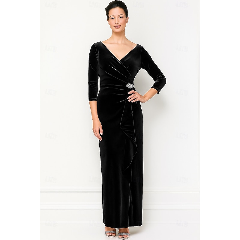 Sheath / Column Mother of the Bride Dress Elegant Vintage V Neck Floor Length Velvet Long Sleeve with Ruching Solid Color3