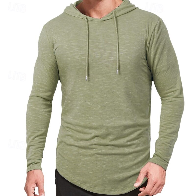 Men's T Shirt Long Sleeve Crew Neck Spring Fall Solid Color Traditional / Vintage Hooded Outdoor Activewear Light Blue Dark Brown White Top Tee for Men4
