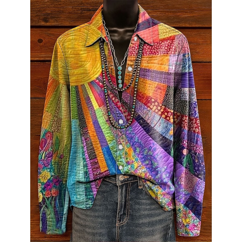 Women's Shirt Graphic Rainbow Elegant Bohemia Vintage Long Sleeve Shirt Collar Regular Tops Work Daily Buttons Print Pink Purple Orange Spring Fall Winter