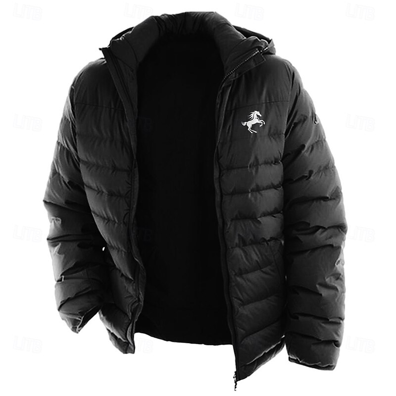 Men's Horse Print Winter Coat Down Jacket Puffer Jacket Thermal Warm Rain Waterproof Lightweight Casual Outdoor Daily Padded Quilted Hooded Jacket Fall Winter Hooded Long Sleeve Black Red Royal Blue2