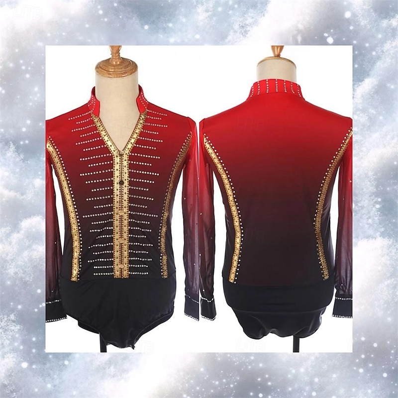 Figure Skating Top Men's Boys' Ice Skating Tops Black+Red Patchwork Spandex High Elasticity Training Competition Skating Wear Classic Crystal / Rhinestone Long Sleeve Ice Skating Figure Skating2