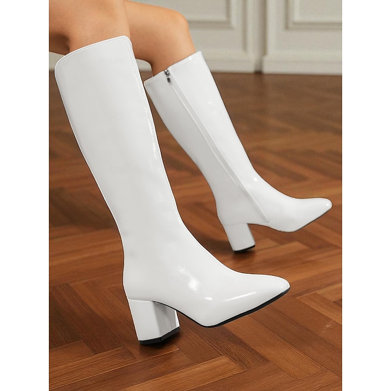 Women's White Knee-High Block Heel Fashion Boots – Chic Retro Long Boots for Parties, Costumes and Stylish Winter Outfits3