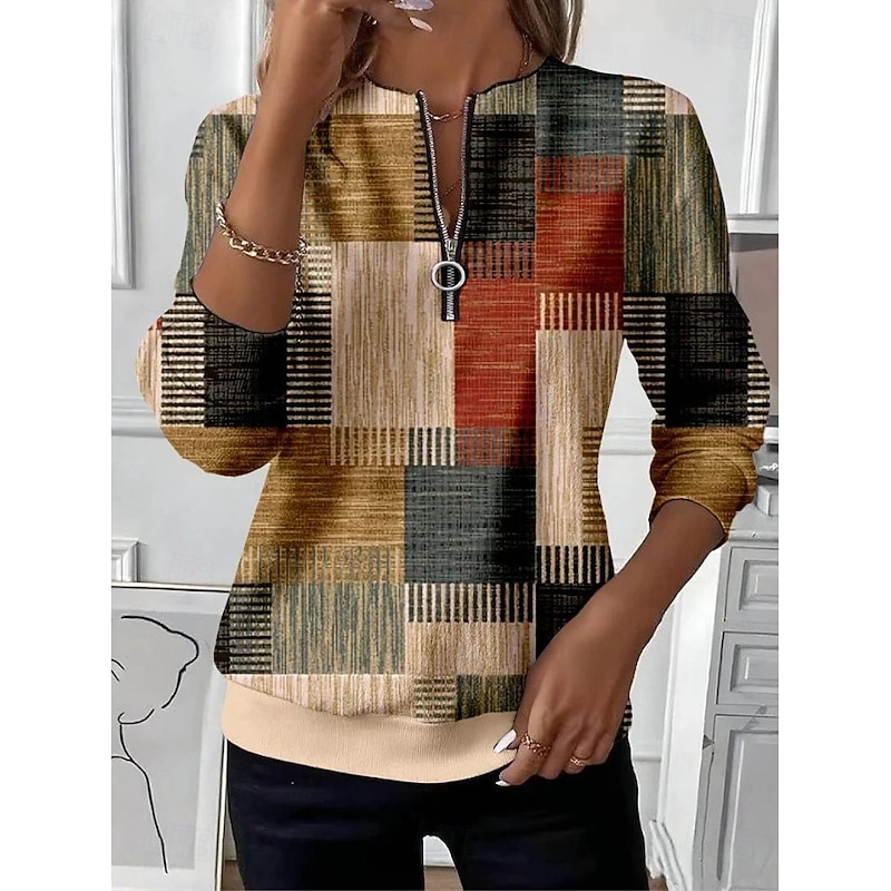 Women's Pullover Sweatshirt Zip Up Sweatshirts Floral Graphic Geometric Fashion Casual Long Sleeve Crew Neck Regular Tops Street Dailywear Patchwork Zipper Print Wine Green Khaki Fall Winter