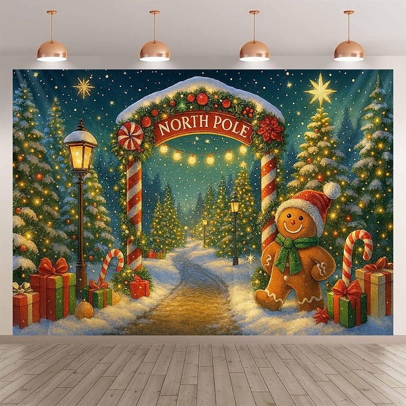 Christmas Wall Tapestry Backdrop, Santa's North Pole Photo Booth Design with Tree and Lights, 2025 Xmas Holiday Wall Hanging for Bedroom Living Room Party