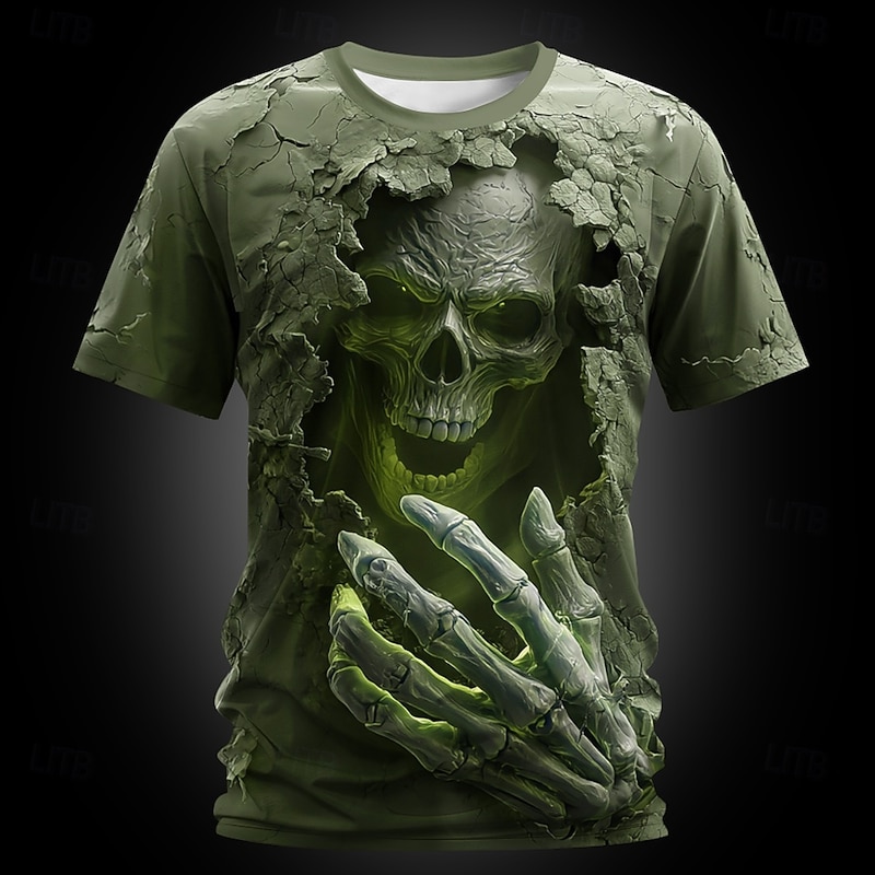 Halloween Men's Optical Illusion Grim Reaper 3D T Shirt Short Sleeve T shirt 3D Print Crew Neck Shirt Exaggerated Designer Horror Party Street Holiday Blue Purple Green Summer Spring All Seasons3