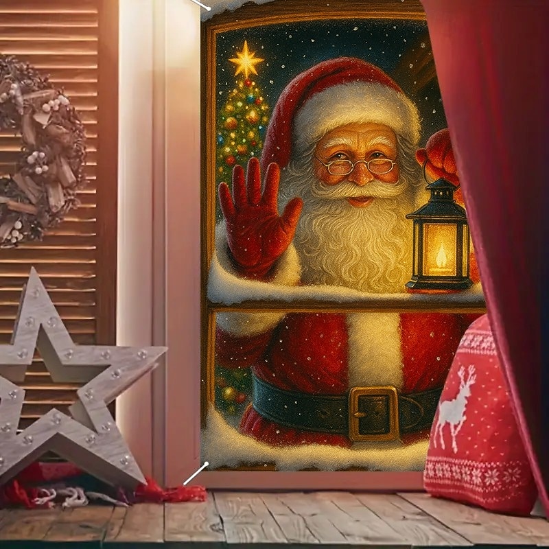 Christmas Santa with Lantern Curtain, 2025 Xmas Classic Window Curtain Door Cover for Holiday Decoration, Indoor Outdoor Hanging Tapestry