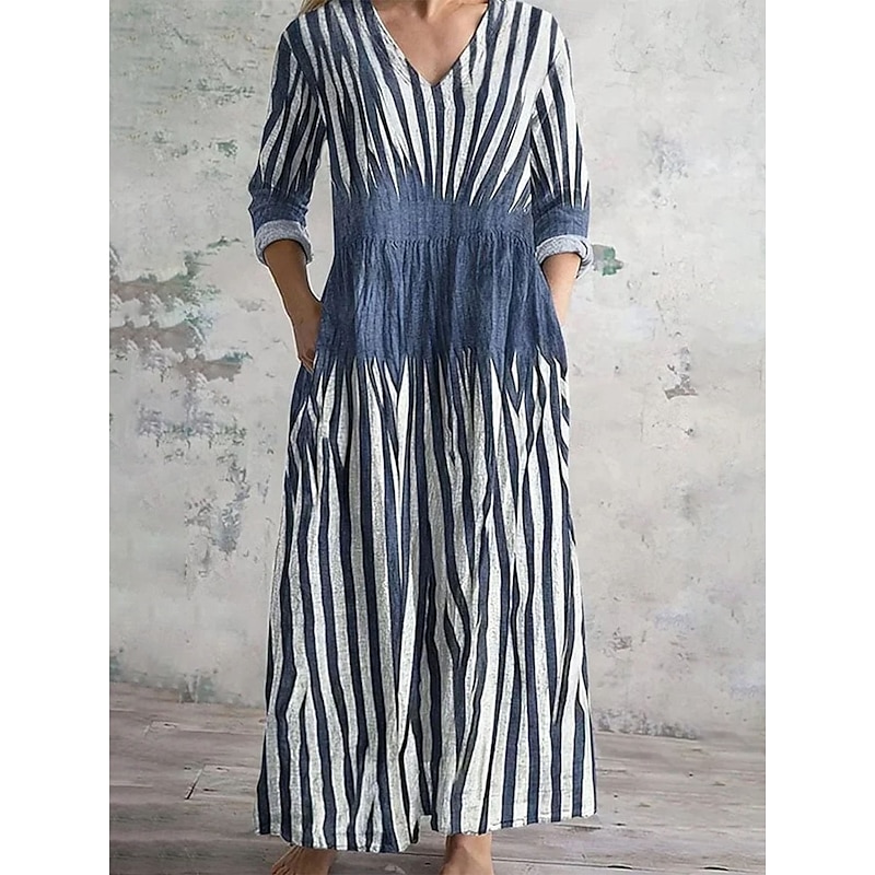 Women's Midi Dress Shift Dress Vacation Casual Daily Loose Fit Floral Long Sleeve V Neck Yellow Blue Brown Green Spring Fall