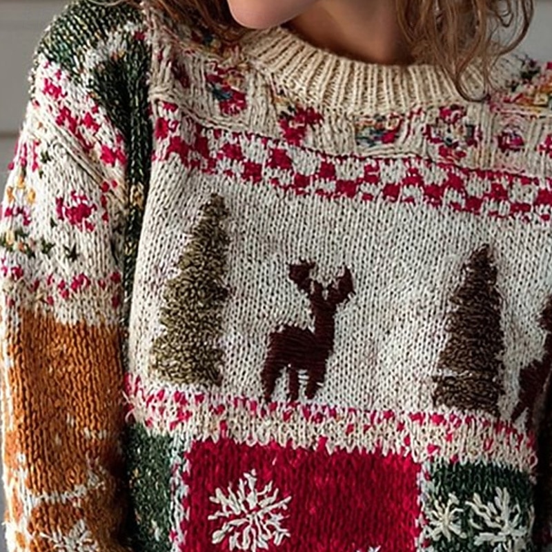 Women's Sweater Pullover Daily Casual Christmas Tree Reindeer Ribbed Crew Neck Knitted Print Long Sleeve Regular Tops Knit Christmas Outdoor Weekend Red Fall Winter2