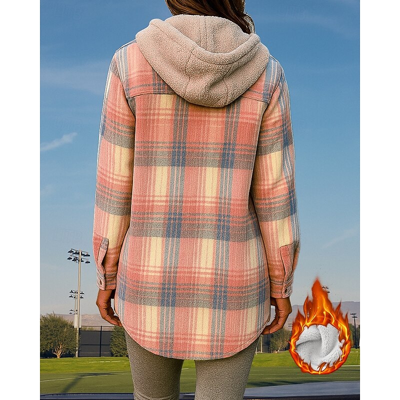 Women's Lounge Coat Fleece Shirt Jacket with Pockets Long Sleeve Top Athleisure Fall Plaid Checkered Windproof Thick Warm Outdoor Travel Vacation Sportswear Activewear Black White Yellow2