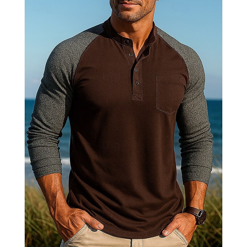 Men's Hiking Shirt Henley Shirt Long Sleeve Henley Collar Top Outdoor Breathable Winter Cotton Blend Patchwork Blue Khaki Dark Blue Tennis Golf Running4