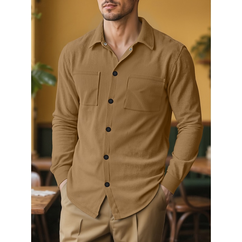 Men's Shirt Corduroy Shirt Button Up Shirt Black Navy Blue Camel Green Gray Long Sleeve Turndown Outdoor Party Front Pocket Clothing Apparel Business Casual4