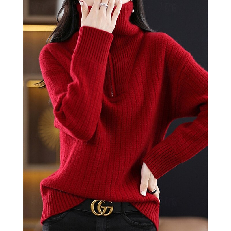 Women's Sweater Pullover Fashion Basic Casual Pure Color Ribbed Half Zip Zipper Knitted Long Sleeve Regular Tops Knit Outdoor Daily Weekend Red Fall Winter