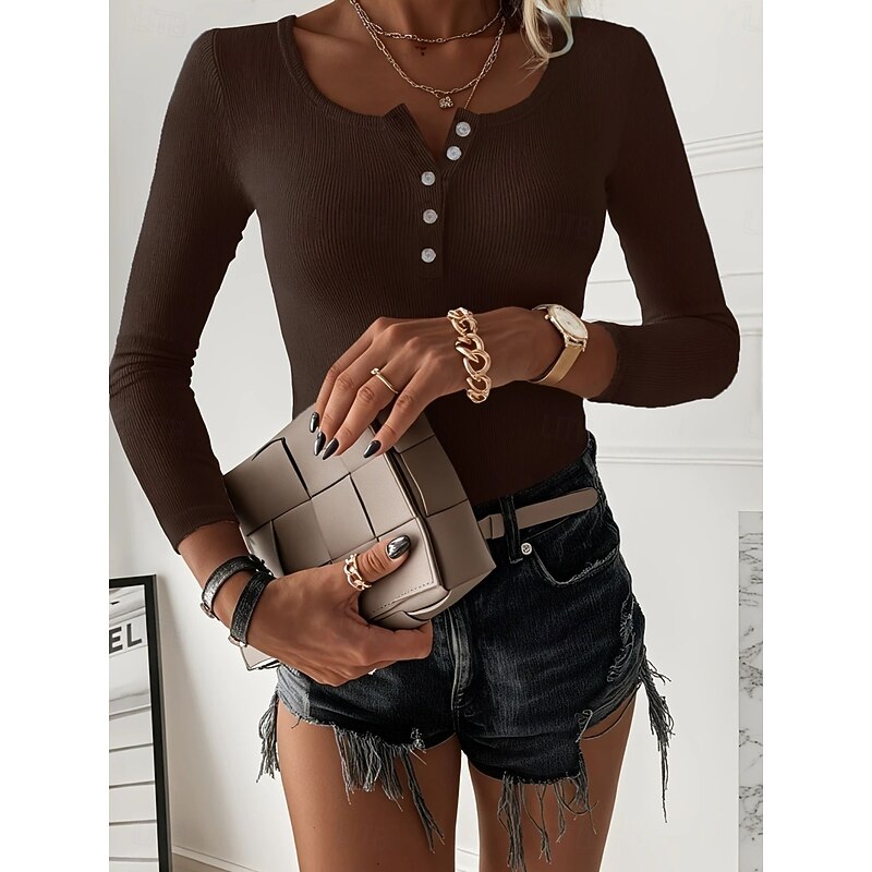 Women's Blouse Solid Color Stylish Casual Long Sleeve Square Neck Regular Tops Daily Buttons Black White Brown Green Spring Fall
