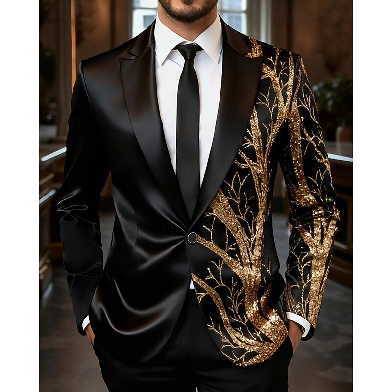 Men's Blazer Business Cocktail Party Wedding Party Fashion Casual Spring Fall Polyester Trees Pocket Buttons Comfortable Single Breasted Blazer Gold