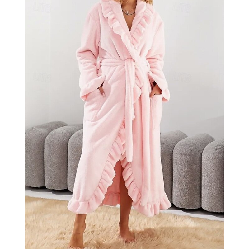 Women's Pajamas Robe Comfort Soft Pure Color Ruched Home Daily Bed Long Sleeve V Neck Pink Red Purple Beige Fall Winter2