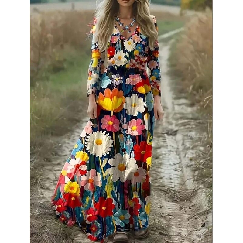Women's Maxi Dress A Line Dress Pleated Dress Fit And Flare Dress Boho Date Going out Regular Fit Floral Graphic Animal Long Sleeve V Neck Blue Orange Brown Spring Fall Winter Autumn2