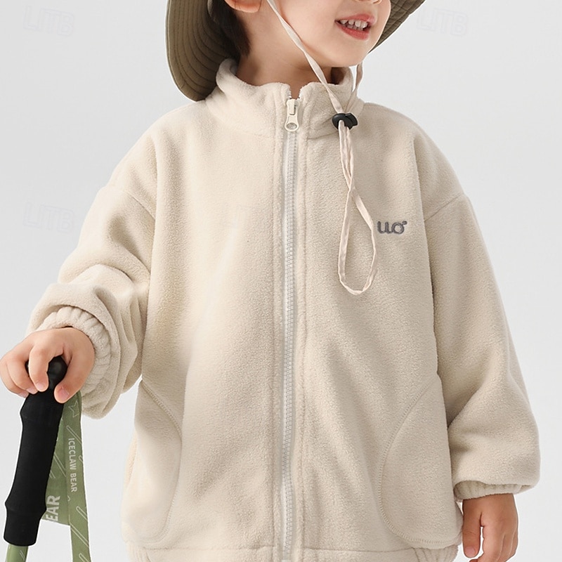 Kids Boys' Fleece Jacket Outdoor Jacket Coat Outerwear Solid Color Long Sleeve Zipper Pocket Comfort Keep Warm Soft Coat Outdoor Fashion Daily White Spring Fall 4 years+