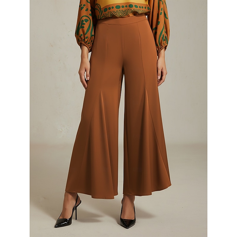 Women's Wide Leg Pants Khaki Satin Elastic Waist Pleated Loose Elegant Fit Spring Summer Autumn