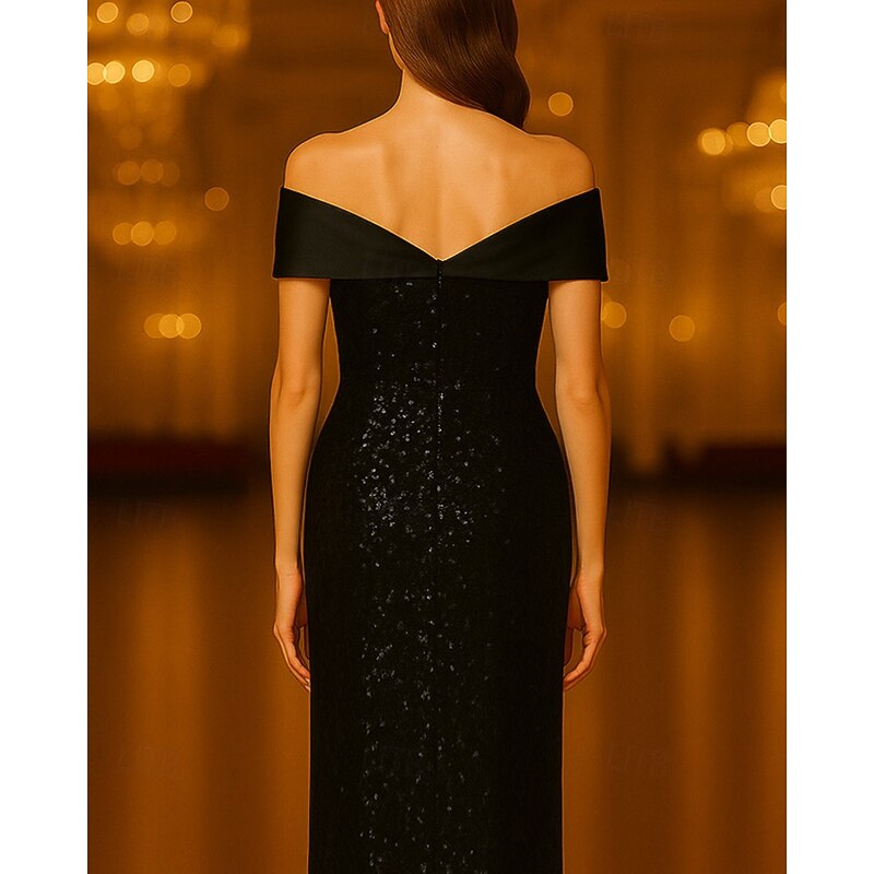 Black Tie Sequin Sheath / Column Evening Gown Elegant Dress Formal Wedding Floor Length Sleeveless Off Shoulder Stretch Satin with Bow(s) Ruched 20253