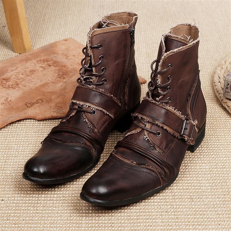 Men's Retro Brown Leather Biker Boots – Handmade High Top Motorcycle Boots with Buckle Accents for Punk, Gothic and Casual Streetwear4