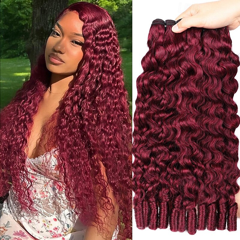 Burgundy 99J# 3 Bundle Hair Weaves Burmese Curly Human Hair Extensions 14-30 Inch