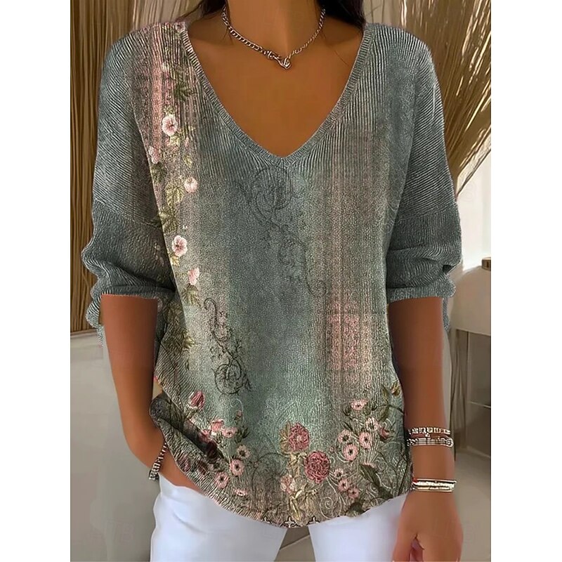 Women's Sweater Elegant Fashion Streetwear Floral Graphic V Neck Knitted Long Sleeve Regular Tops Knit Weekend Black Light Green Spring Fall2