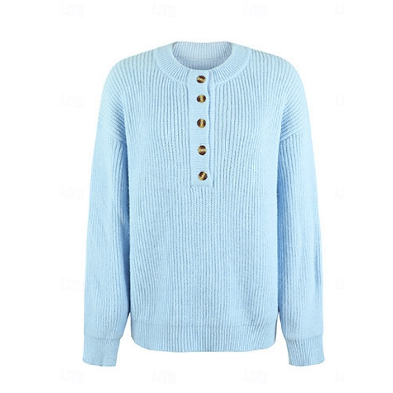 Women's Sweater Casual Soft Pure Color Ribbed Crew Neck Buttons Knitted Long Sleeve Regular Tops Knit Outdoor Daily Weekend Black Pink Fall Winter2