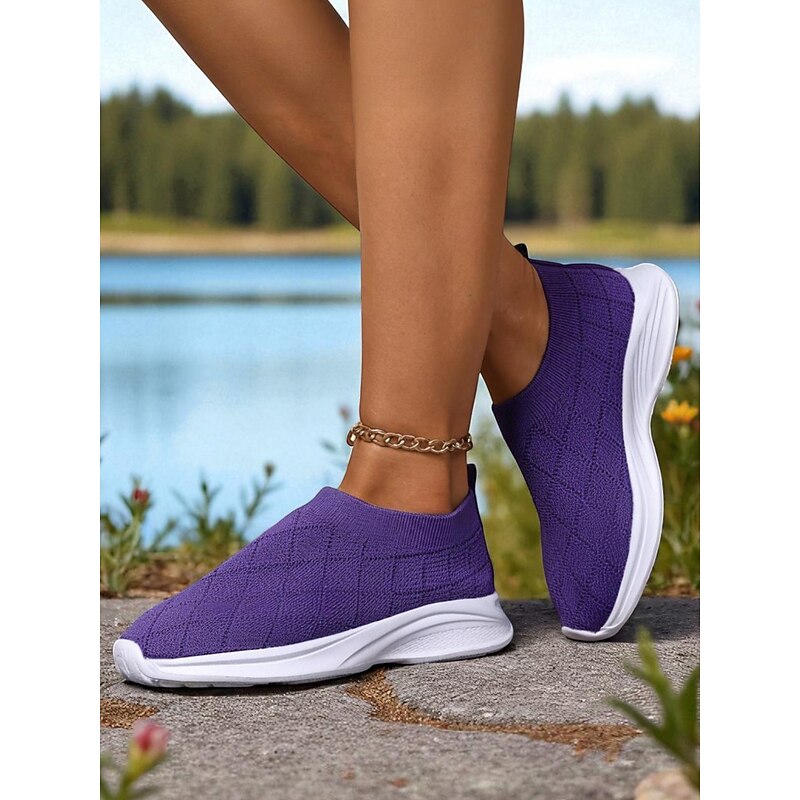 Women's Purple Flyknit Slip-On Sneakers – Lightweight Breathable Walking Shoes for Outdoor Sports, Travel and Gym Training4
