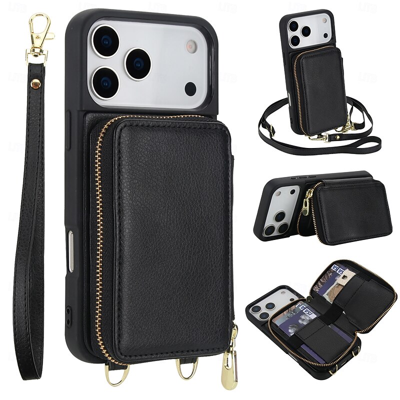 Phone Case For iPhone 17 Pro Max 17 Air 16 15 14 Pro Max Plus 13 Pro Max Back Cover Zipper with Lanyard with Wrist Strap Retro TPU PU Leather