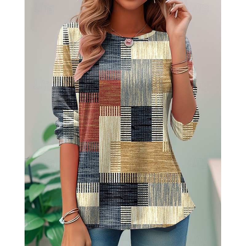 Women's T Shirt Graphic Geometric Vintage Fashion Stylish Long Sleeve Crew Neck Regular Tops Daily Weekend Print Pink Blue Brown Khaki Summer Spring Fall2