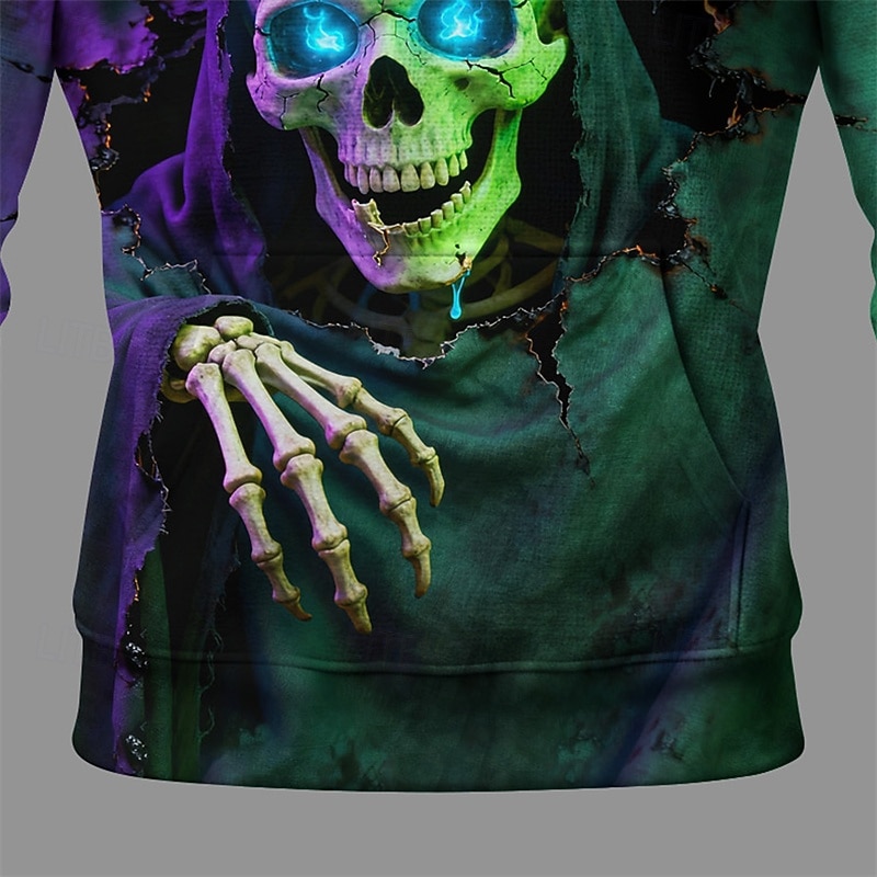 Halloween Men's Skull Hoodie Fashion Daily Hooded Vacation Party Streetwear Dark Green Drawstring Pocket Printing Fall Winter Designer2