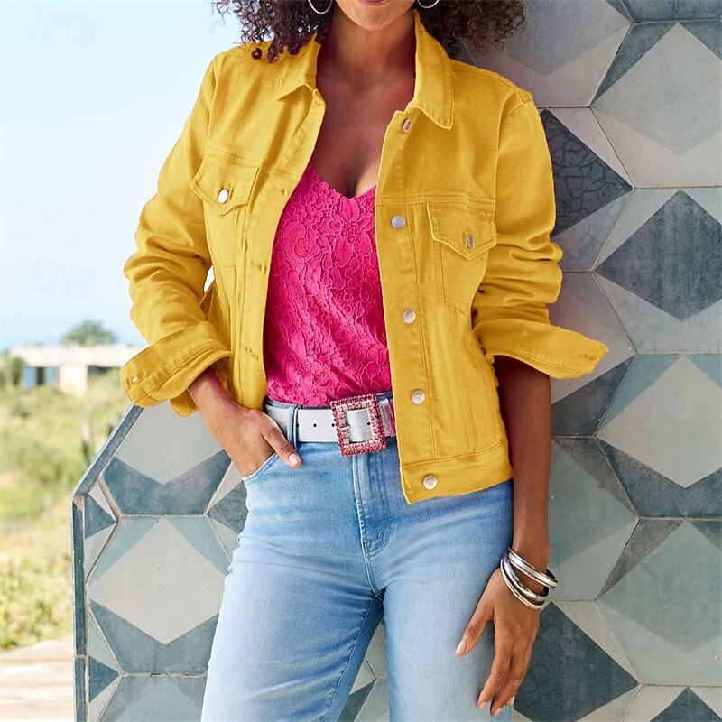 Women's Casual Jacket Denim Jacket Warm Comfortable Pocket Buttons Fashion Outdoor Plain Going out Weekend Single Breasted Regular Lapel Regular Fit Long Sleeve Outerwear Yellow Pink Red Fall Winter2