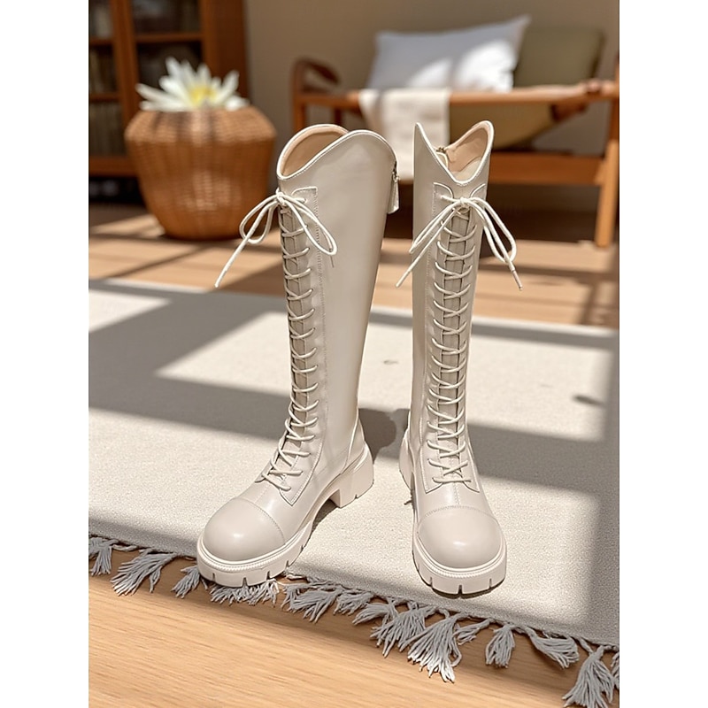 Women's Lace-Up Knee High Riding Boots with Chunky Sole and Zipper Closure, Stylish and Comfortable Footwear for Casual Outings and Everyday Wear - Main Image