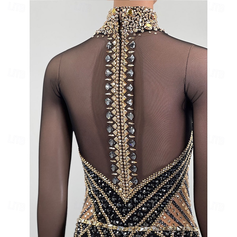 Figure Skating Dress Women's Girls' Ice Skating Dress Black Patchwork Asymmetric Hem Mesh Spandex High Elasticity Training Competition Skating Wear Classic Crystal / Rhinestone Long Sleeve Ice2