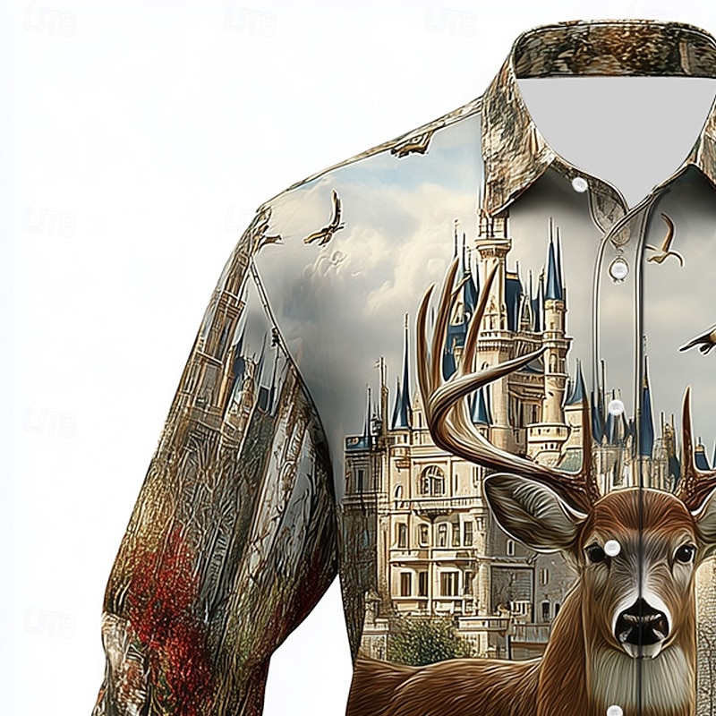 Men's Reindeer Camouflage Castle Shirt Button Up Shirt Long Sleeve Vintage Retro Outdoor Camping & Hiking Hunting Spring Fall Turndown 3D Print Linen Like Shirt Camouflage khaki Camouflage3