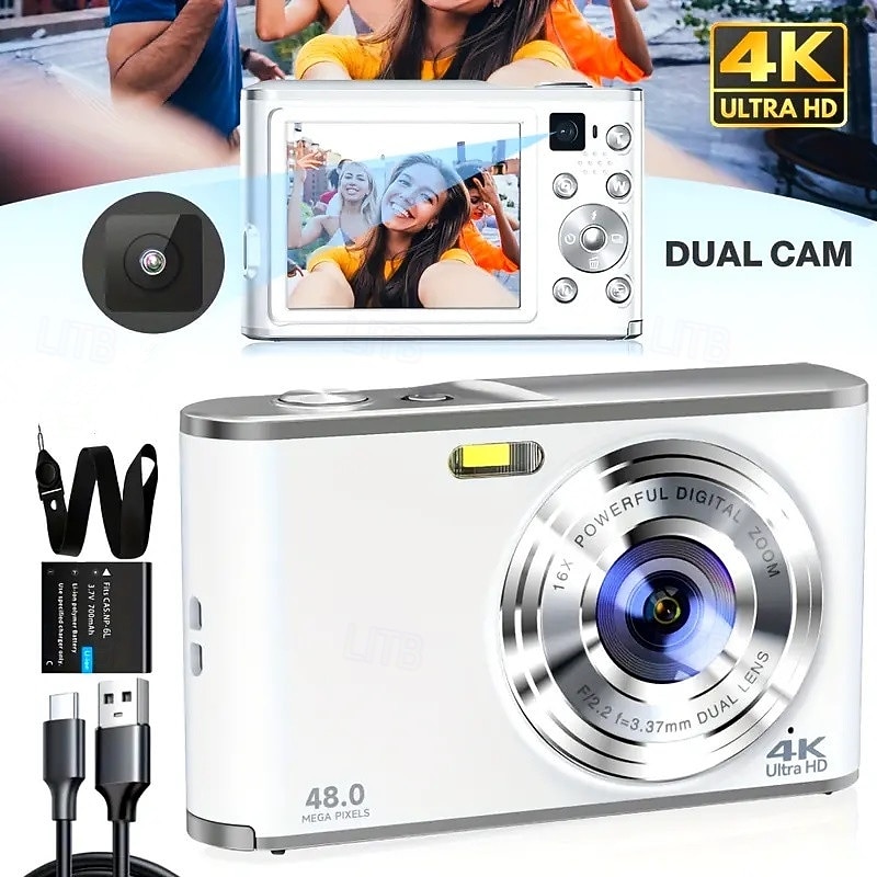 HD 4K dual-lens selfie digital camera portable for home travel photography and video recording beauty mini camera