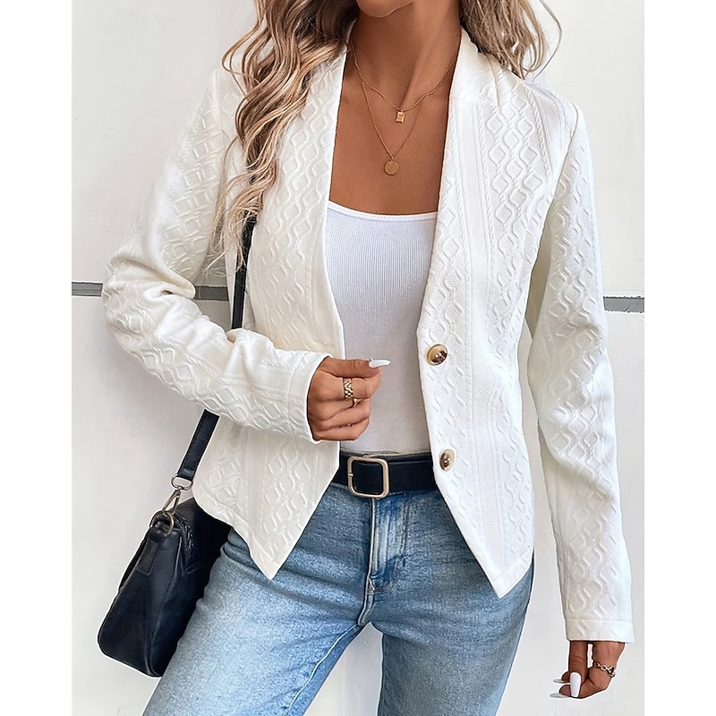 Women's Casual Jacket Comfortable Breathable Jacquard Fashion Daily Plain Outdoor Casual Daily Single Breasted Short Collarless Regular Fit Long Sleeve Outerwear White Spring Fall4