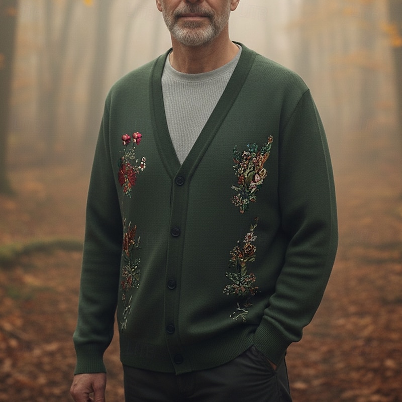 Christmas Men's Floral Botanical Flower / Plants Sweater Cardigan Sweater V Neck Retro Vintage Casual Outdoor Home Party Buckle Long Sleeve Fall Winter Green
