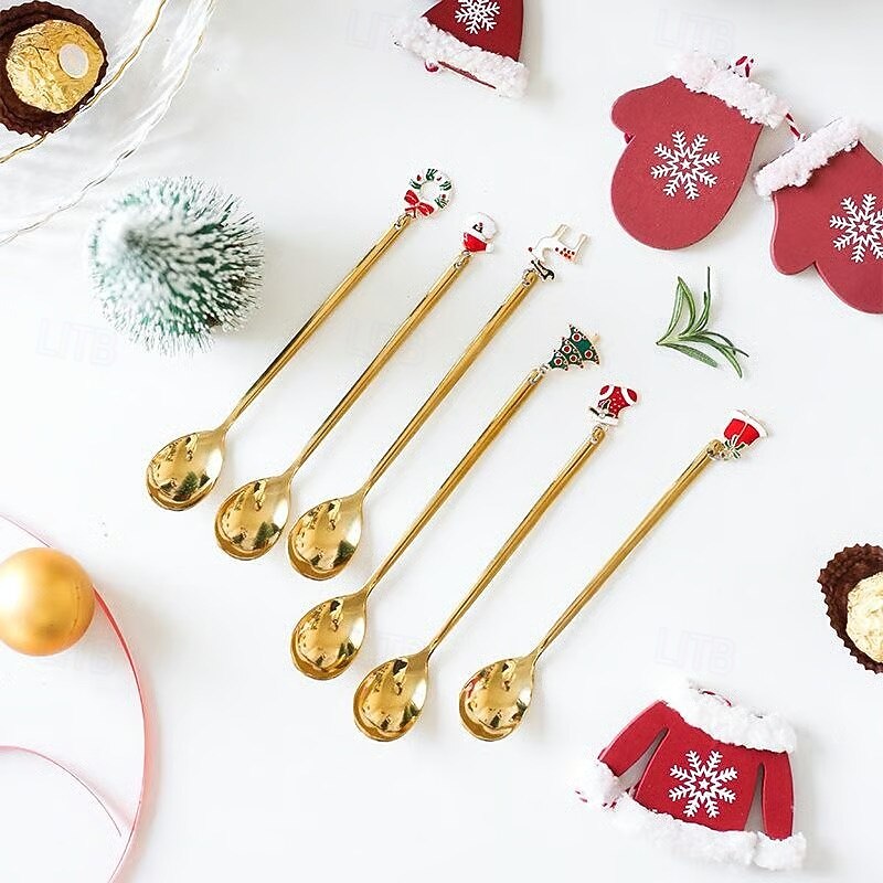 Metal Spoon Christmas Gift Set 6 Pieces Stainless Steel Cartoon Creative Coffee Stirring Spoon Dessert Scoop Holiday Party Tableware Kitchen Utensils Festive Decoration Present For Family Friends
