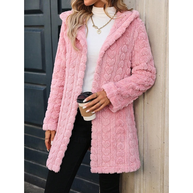 Women's Winter Coat Fleece Jacket Comfortable Breathable Open Front Casual Plain Vacation Street Casual Daily Wear Single Breasted Long Hooded Regular Fit Long Sleeve Outerwear Pink Spring Fall2