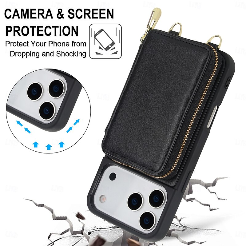 Phone Case For iPhone 17 Pro Max 17 Air 16 15 14 Pro Max Plus 13 Pro Max Back Cover Zipper with Lanyard with Wrist Strap Retro TPU PU Leather4