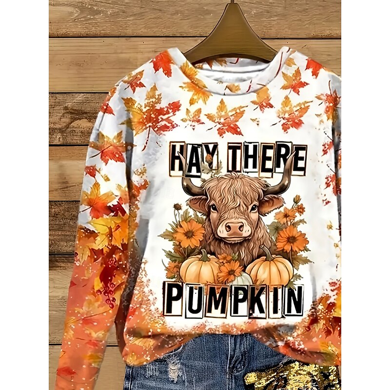 Women's Sweatshirts Graphic Animal Cow Vintage Casual Long Sleeve Crew Neck Regular Tops Street Dailywear Casual Print Orange Spring Fall Winter3
