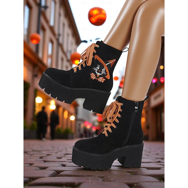 Women's Halloween Platform Lace-Up Boots with Cat Embroidery – Chunky Heel Black Suede Ankle Booties for Fall Festivals, Streetwear and Costume Parties