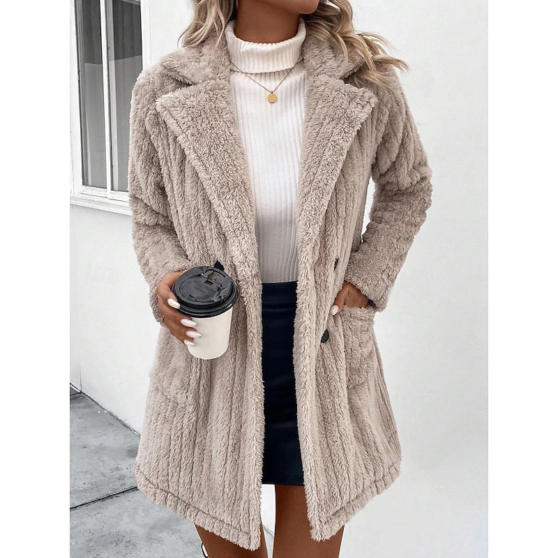 Women's Winter Coat Sherpa Jacket Comfortable Breathable Pocket Buttons Casual Plain Vacation Street Casual Daily Wear Double Breasted Regular Turndown Regular Fit Long Sleeve Outerwear Khaki Spring