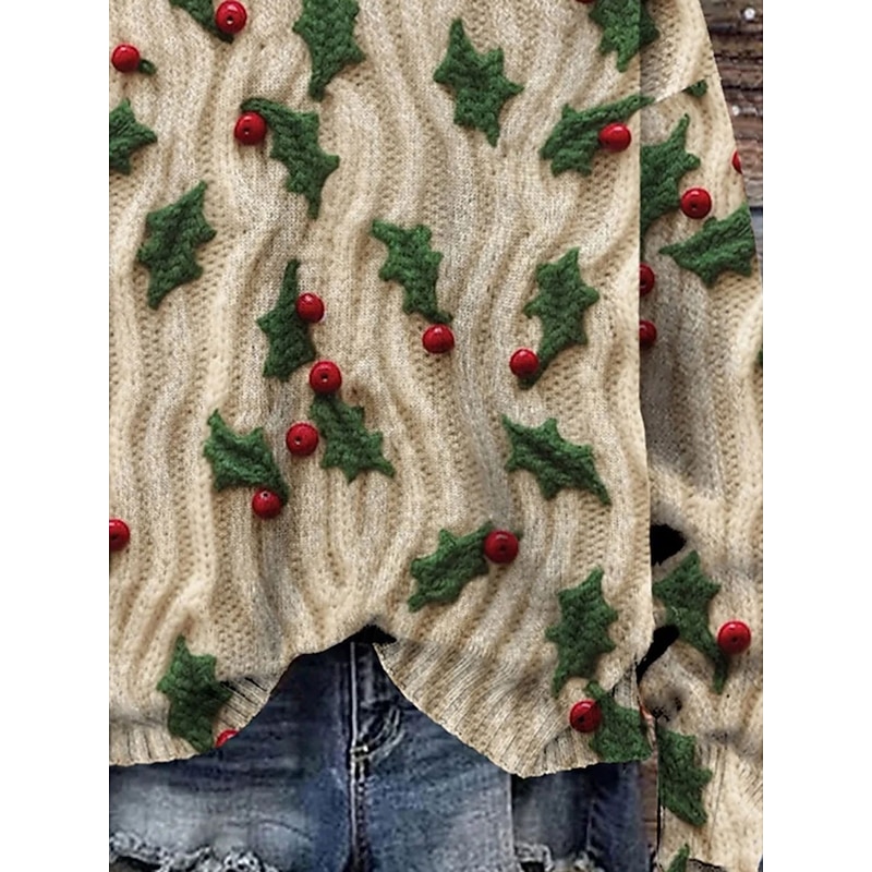 Women's Sweater Pullover Daily Casual Floral Graphic Ribbed Crew Neck Knitted Print Long Sleeve Regular Tops Knit Outdoor Weekend Green Fall Winter3