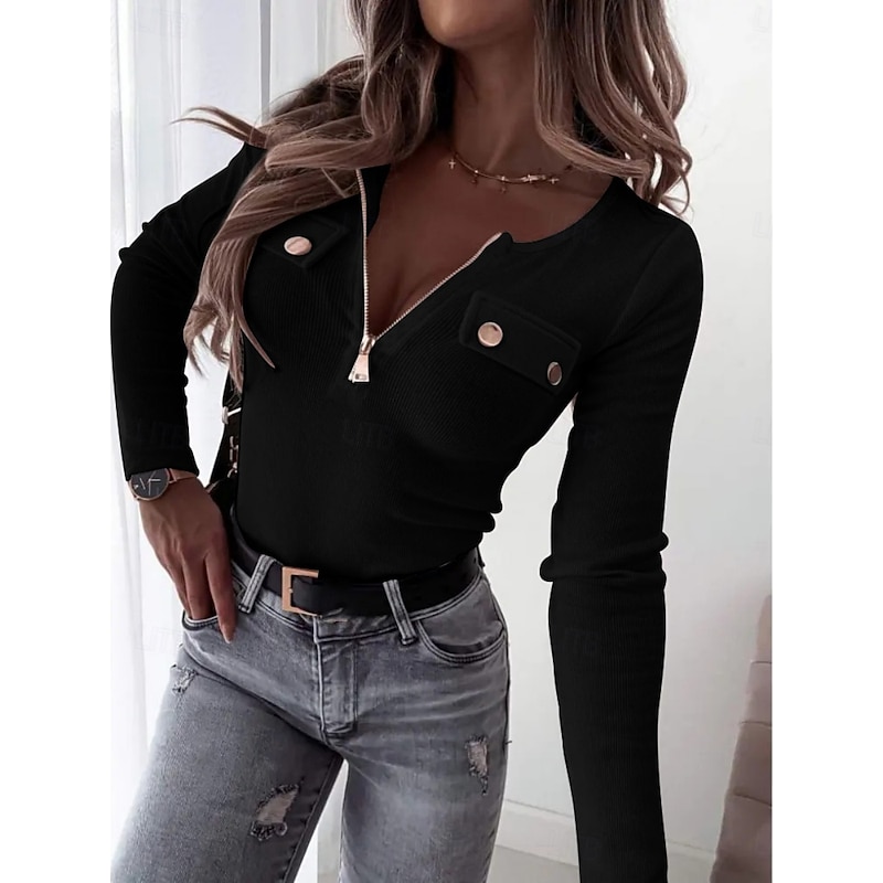 Women's Blouse Solid Color Stylish Casual Long Sleeve Crew Neck Regular Tops Daily Zipper Buttons Black White Blue Green Spring Fall Winter4