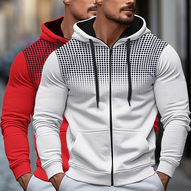 Men's Hoodie Full Zip Hoodie Fleece Hoodie White+Red Red+Gray White+Black White+Gray Black+Gray Hooded Polka Dot Plain Zipper Color Block Sports & Outdoor Casual Daily Streetwear Cool Sportswear3