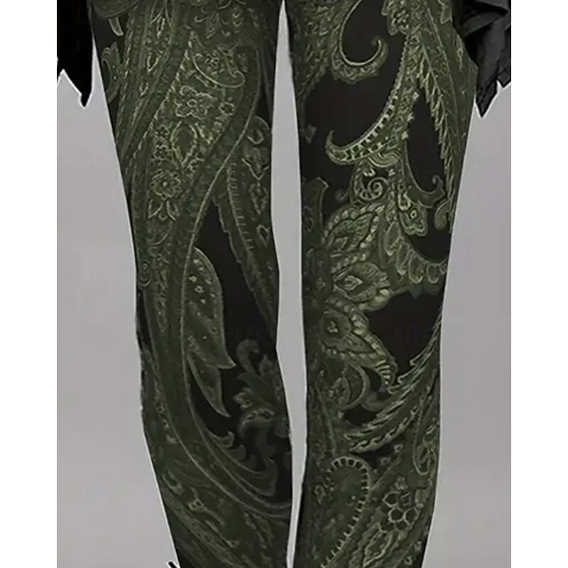 Women's Chinos Leggings Cozy Leggings Vacation Vintage Ethnic Style Full Length High Waist Floral Graphic Printing Thermal Warm Comfortable Stretchy Formal Vacation Street Green Fall Winter Slim Fit2