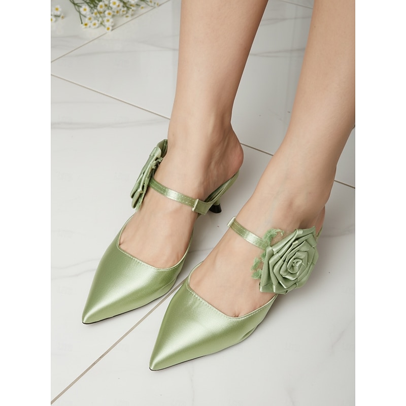 Women's Green Satin Pointed Toe Heels with Floral Ankle Strap - Elegant Cocktail Party Shoes for Evening Events