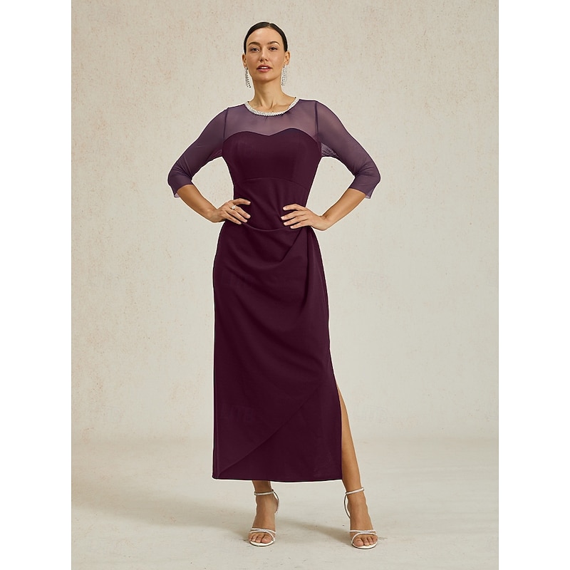 Women's Maxi Dress Sheath Dress Elegant Party Formal Solid Color 3/4 Length Sleeve Crew Neck Wine Summer Spring Fall